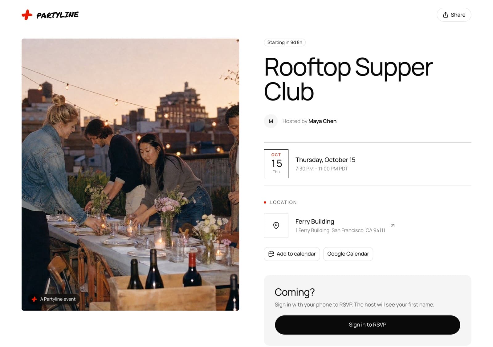 A Partyline event page with a cover photo, the host's name, the date, the location and a Coming? card with a Sign in to RSVP button